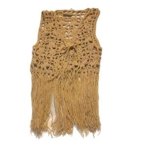 60's Iconic tan crochet fringe vest  (M)